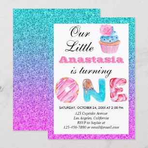 Convite primeiro aniversario Cupcake Azul Roxo Brilhante  