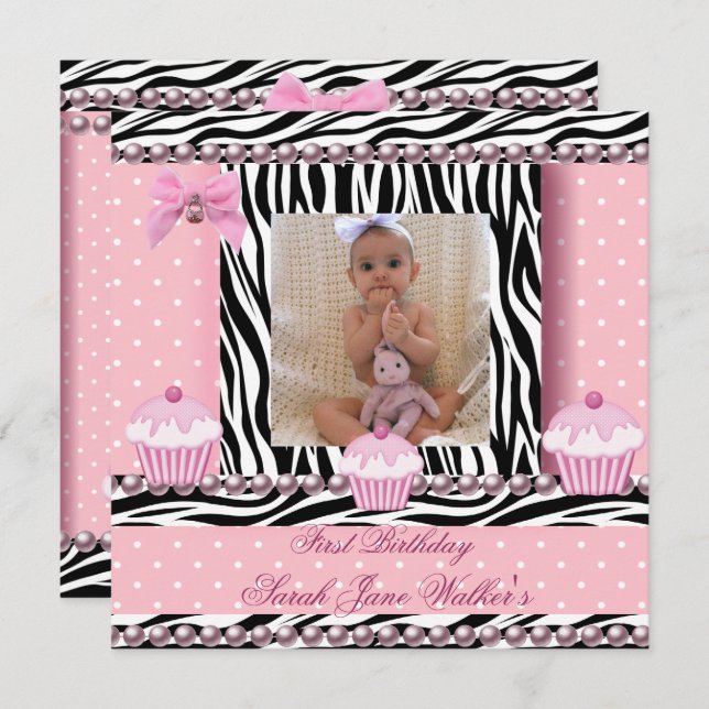 Convite primeiro aniversario Cupcake Rosa Zebra Baby (Frente/Verso)