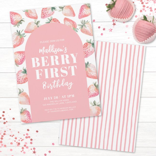 Convite Primeiro Aniversário da Berry Festa de 1º Aniversá (Strawberry Berry First 1st Birthday Party Invitation)