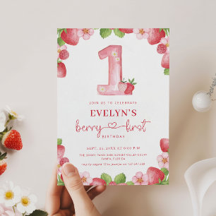 Convite Primeiro Aniversário da Berry Rosa Aquarela 1º Ani