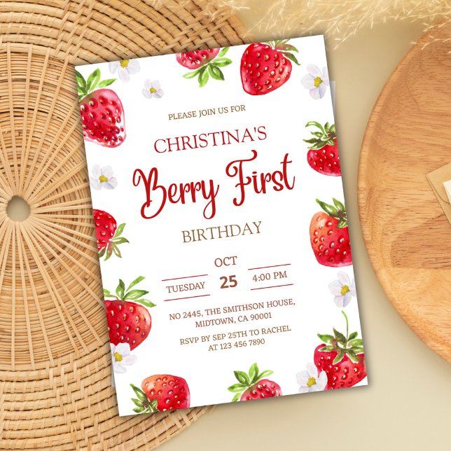 Convite Primeiro aniversário da Berry rosa morango menina  (Criador carregado)