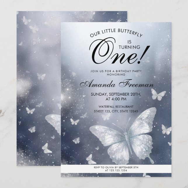 Convite Primeiro aniversario da Borboleta Glitter Silver d (Frente/Verso)