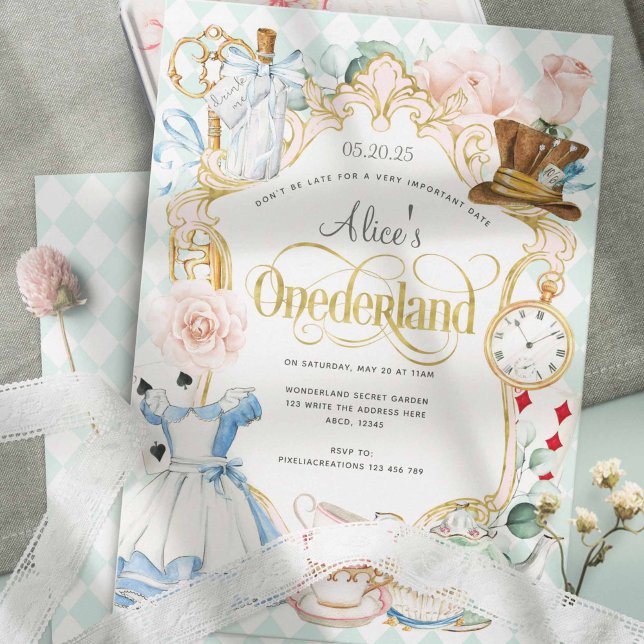 Convite Primeiro aniversario da festa do chá de Onederland (Pastel Teal, Alice in wonderland , Girl 1st birthday invitations.)