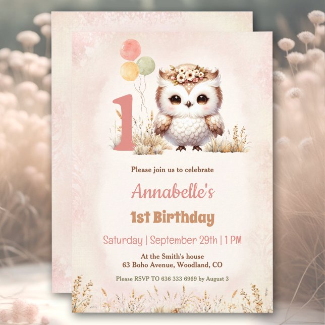 Convite Primeiro aniversario da Garota do Boho da Coruja (Cute Owl Woodland Boho Girl 1st Birthday Invitation)