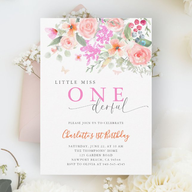 Convite Primeiro aniversario da Menina Maravilha Brilhante (little miss onederful girls 1st birthday invite colorful garden wildflowers watercolor calligraphy)