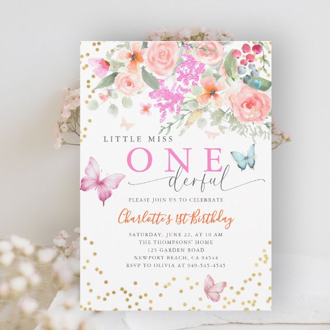 Convite Primeiro aniversario da Menina Maravilha da Borbol (little miss onederful girls 1st birthday invite happy garden wildflowers butterflies watercolor chic)