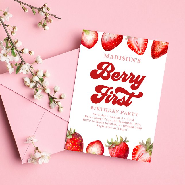 Convite Primeiro Aniversário da Modern Strawberry Berry (Criador carregado)