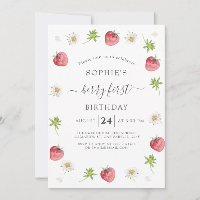 Convite Primeiro Aniversário da Modern Strawberry Sweet Be (Frente)