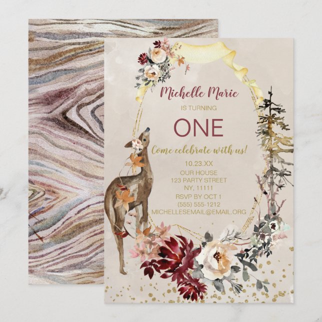 Convite Primeiro Aniversário da Rústica Woodland Deer Flor (Frente/Verso)