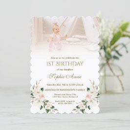 Convite Primeiro aniversario da Watercolor White Magnolia 