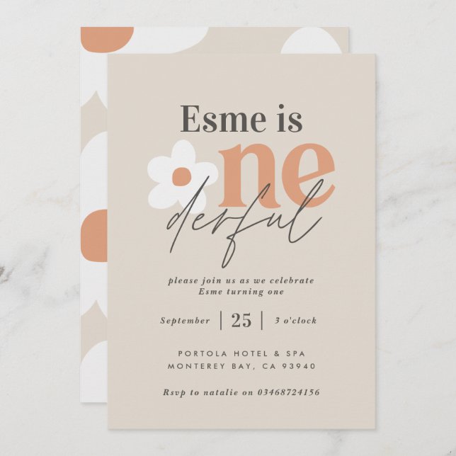 Convite Primeiro aniversário daisy boho retrô terracota na (Frente/Verso)