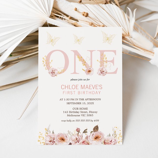 Convite Primeiro aniversario das Borboletas Florais do Boh (Girl's pink floral and butterflies 1st birthday invitation.  Boho floral 1st birthday invitation.)