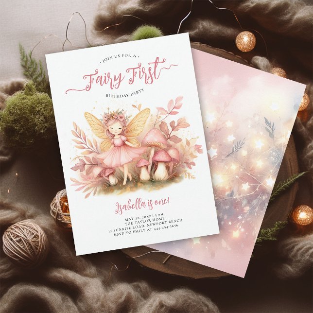 Convite Primeiro aniversario das garotas mágicas Douradas, (fairy first girl birthday party invitation magical forest enchanted garden mushrooms pink gold)
