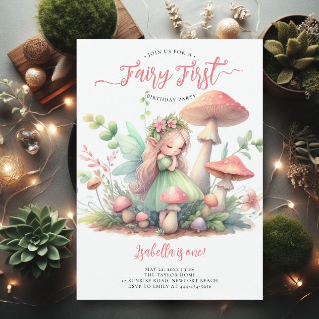 Convite Primeiro aniversario das Primeira Raparigas do Jar (fairy first girl birthday party invitation magical forest enchanted garden mushrooms pink gold green)