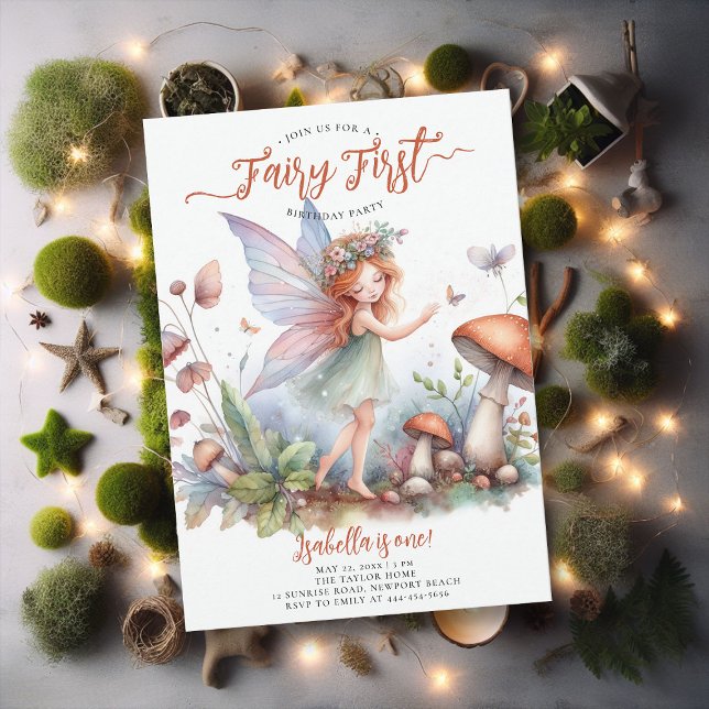 Convite Primeiro aniversario das raparigas mágicas Fairy F (fairy first girl birthday party invitation magical forest enchanted garden mushroom terracotta green)