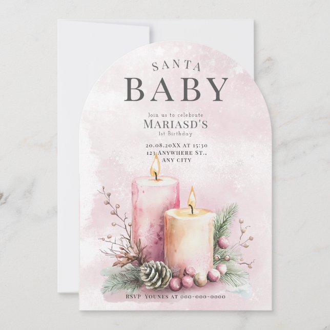 Convite primeiro aniversario das velas de Natal rosa com a (Frente)