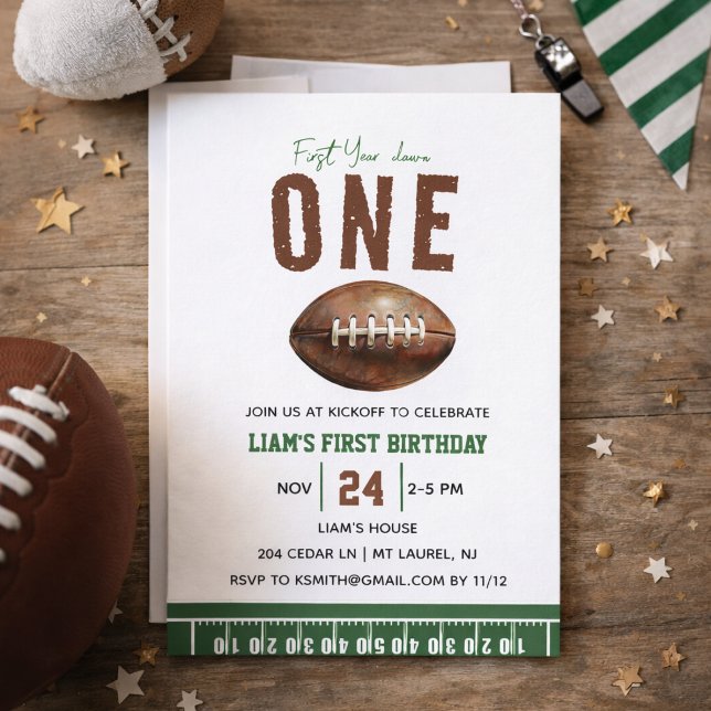 Convite Primeiro aniversario de 1º Ano para Baixo do Water (Watercolor Football First Year Down 1st Birthday Invitation
)
