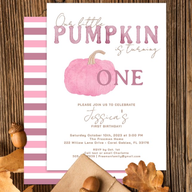 Convite Primeiro aniversario de Abóbora Rosa (pink pumpkin modern watercolor birthday party invitation)