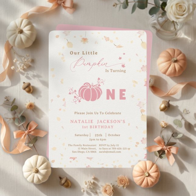 Convite Primeiro aniversario de abóbora rosa e elegante (Elegant Sweet Pink Little Pumpkin 1st Birthday Invitation)