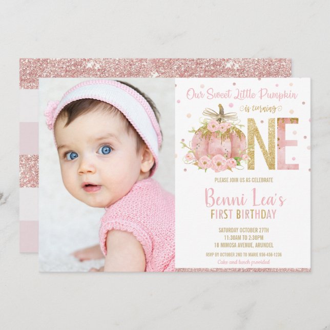 Convite Primeiro aniversario de abóbora rosa elegante Foto (Frente/Verso)