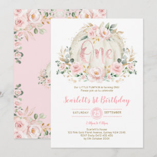 Convite primeiro aniversario de abóbora Rosa floral rosa 