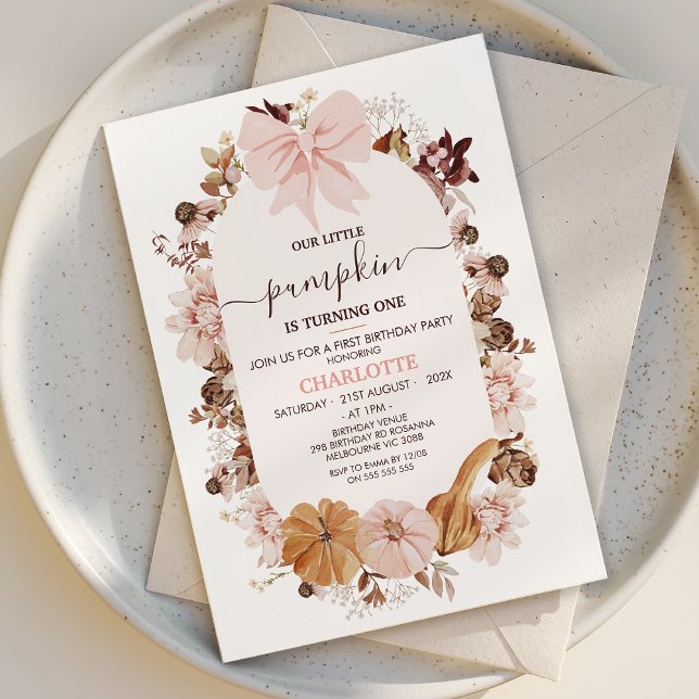 Convite Primeiro aniversario de Abóbora Rosa Russo (Pink Bow Pumpkin 1st Birthday Invitation Template, Fall First Birthday Invitation Girl, Autumn )