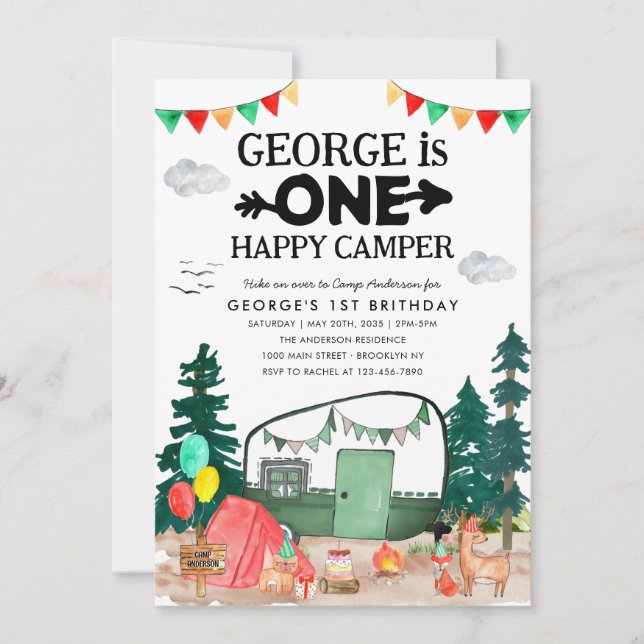 Convite Primeiro aniversario de acampamento de floresta fe (Frente)