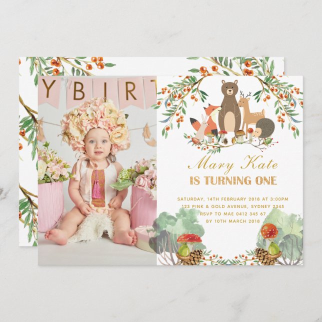 Convite Primeiro aniversario De Animais Da Floresta (Frente/Verso)