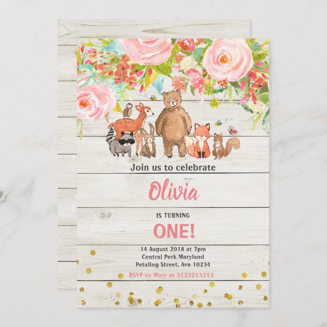 Convite Primeiro aniversario de animais da floresta russa  (Frente/Verso)