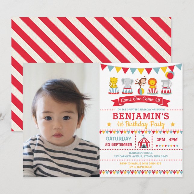 Convite primeiro aniversario De Animais Do Circo De Carnav (Frente/Verso)