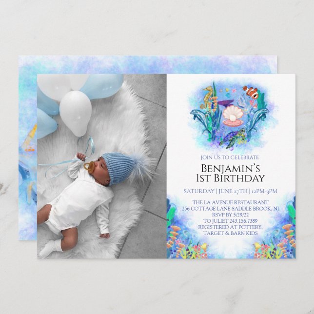 Convite Primeiro aniversario de animais marinhos (Frente/Verso)