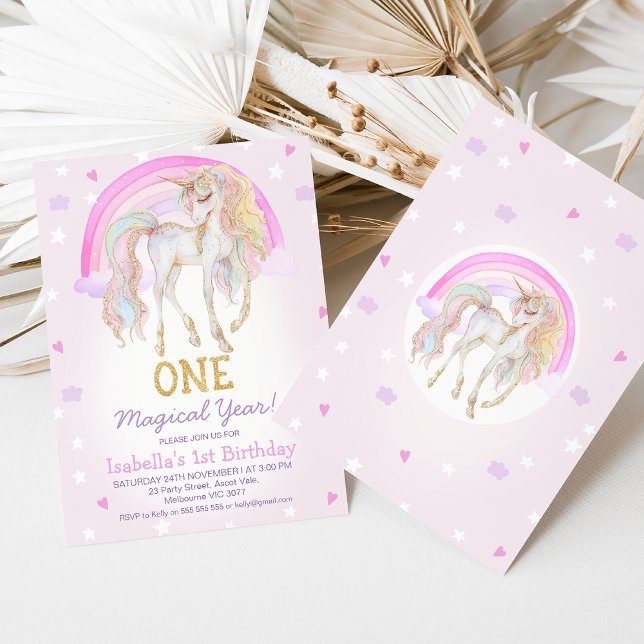 Convite Primeiro aniversario de Ano Mágico Branca de Unicó (Girls One Magical Year Unicorn 1st Birthday Invitation Template, Unicorn 1st Birthday Invitation )