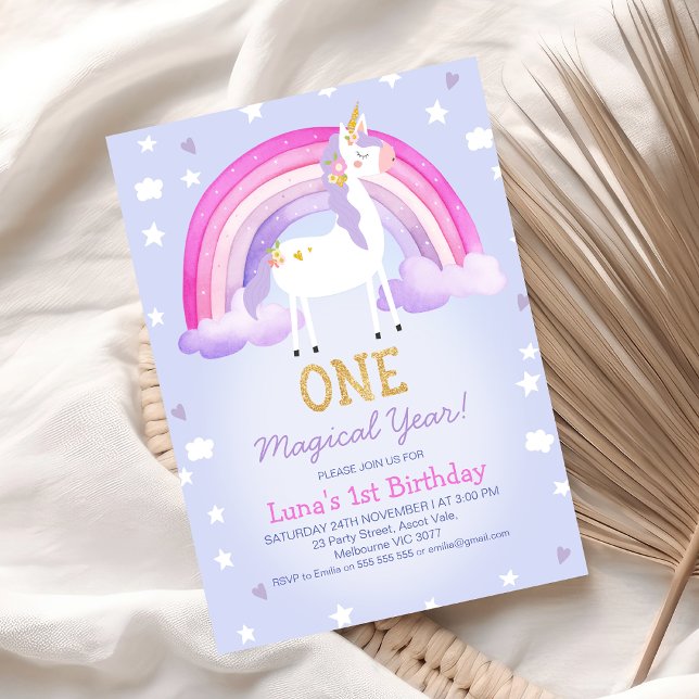 Convite Primeiro aniversario de Ano Mágico Púrpura, Cor-de (Purple One Magical Year Unicorn 1st Birthday Invitation Template, Unicorn Themed First Birthday)