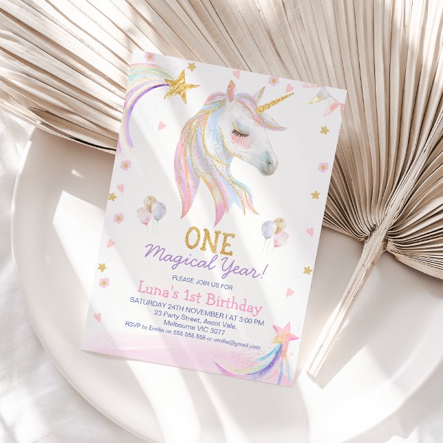 Convite primeiro aniversario de Ano Mágico Rosa Dourado do (Pastel One Magical Year Unicorn 1st Birthday Invitation Template For baby Girl, Faux Gold Glitter)