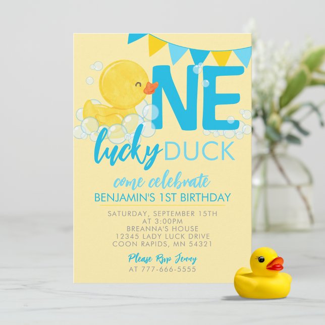 Convite Primeiro aniversario de Aquarela Amarelo com Sorte (Yellow One Lucky Ducky Watercolor 1st Birthday Invitations. Available printed or digital download)