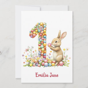 Convite Primeiro aniversario de Aquarela Floral Bunny Cand