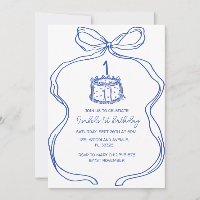 Convite primeiro aniversario de Arco azul desenhado à mão, (Frente)