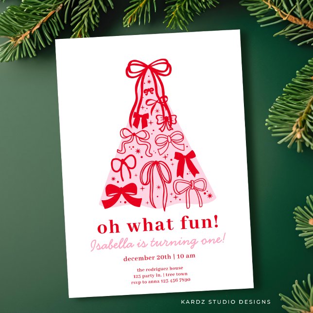 Convite Primeiro aniversario de Arco rosa e vermelho moder (Invite shown in 5 x 7 inches, choose size, paper and corner style.)