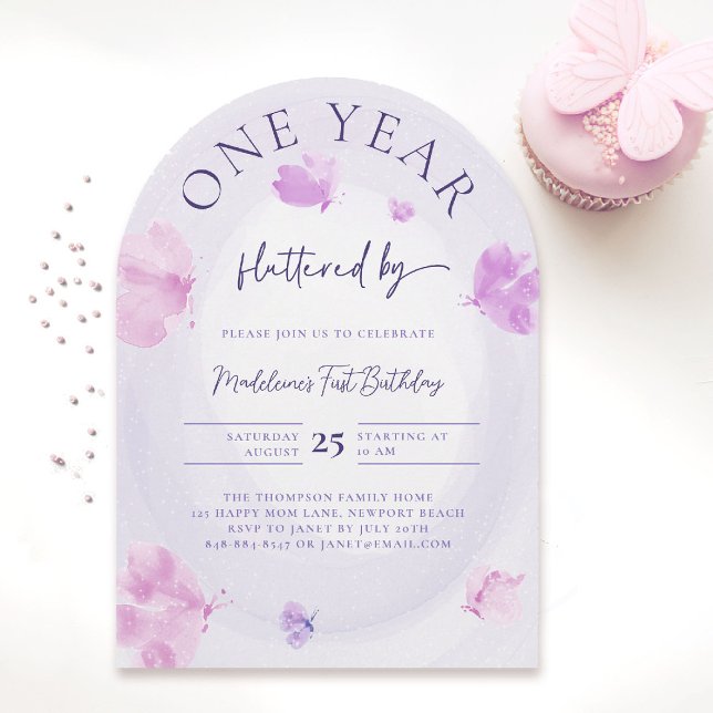 Convite Primeiro aniversario de Arco Rosa Púrpura Flutuada (butterfly themed 1st birthday invitation girls pink red purple watercolor one year boho arch)