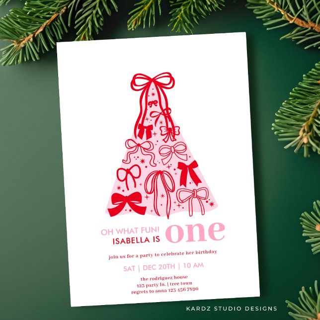 Convite Primeiro aniversario de Árvore Arco Vermelho Rosa  (Invite shown in 5 x 7 inches, choose size, paper and corner style.)