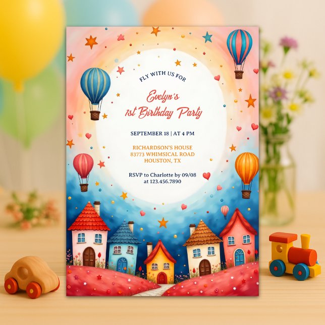 Convite Primeiro aniversario de Balão de Ar Quente da Colo (Whimsical Hot Air Balloon 1st Birthday Invitation with Colorful Village Scene)