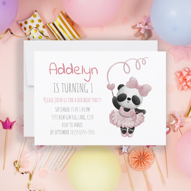 Convite Primeiro aniversario de Ballerina, Urso de Panda B (Criador carregado)