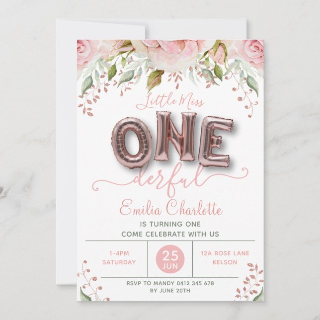 Convite Primeiro aniversario de Balões Rosa das Meninas Ma (Frente)