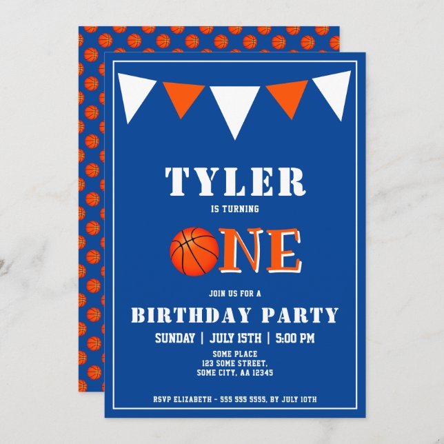 Convite Primeiro aniversario de basquete azul-cômodo (Frente/Verso)