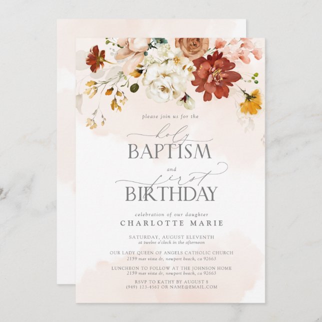 Convite Primeiro aniversario de Batismo de Aquarela Cor-de (Frente/Verso)