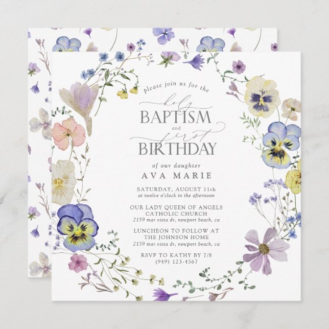 Convite Primeiro aniversario de batismo de Aquarela Floral (Frente/Verso)