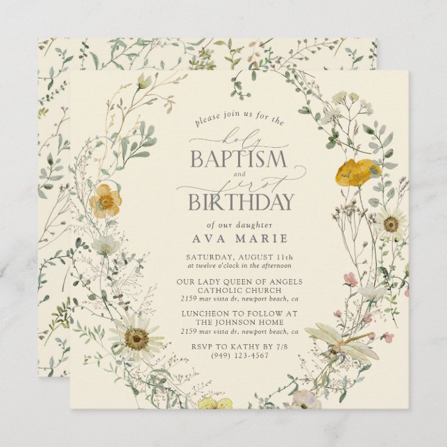 Convite Primeiro aniversario de Batismo de Flor Selvagem V (Frente/Verso)