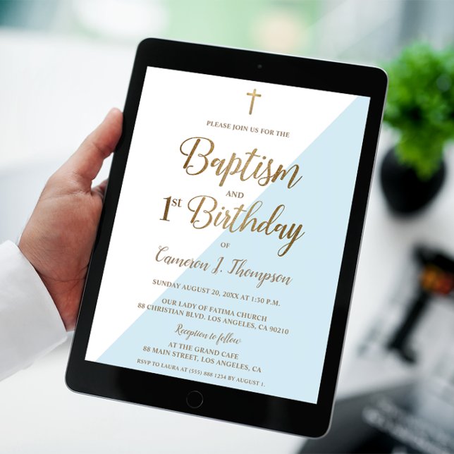 Convite Primeiro aniversario de batismo Dourado azul (Joint Baptism and 1st birthday invitation, digital or printed.)