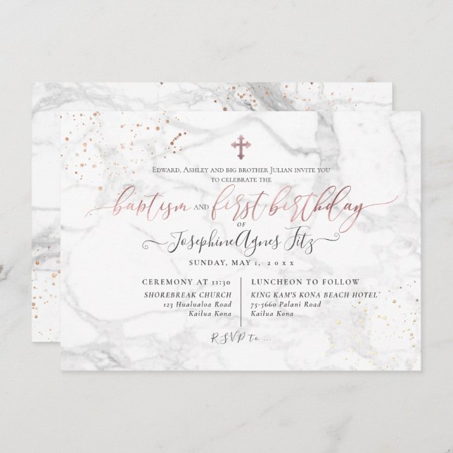 Convite primeiro aniversario de Batismo Dourado Marble Ros (Frente/Verso)