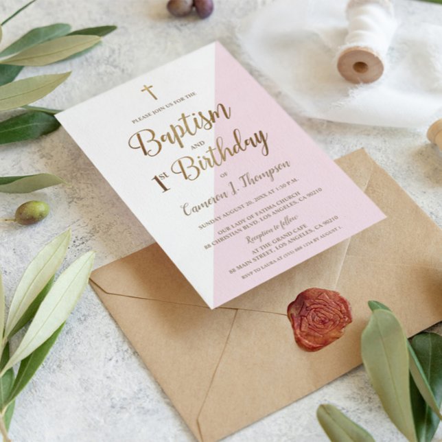 Convite Primeiro aniversario de batismo Dourado rosa (Baptism and First birthday combined celebration party invitation pink gold white)